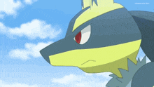 a close up of a cartoon character with a blue sky and clouds behind it