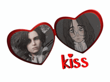 two hearts with a picture of a girl and the word kiss below it