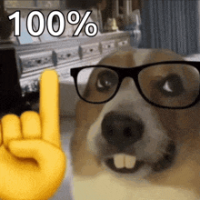 a dog wearing glasses is giving a horns up gesture