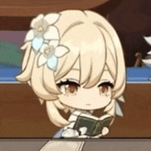 a chibi girl is reading a book in a room .