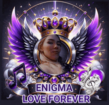 a picture of a woman with wings and the words enigma love forever on the bottom
