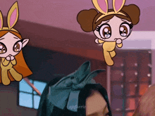 a girl with a blue bow on her head is surrounded by cartoon characters with the name nisfaerie on the bottom