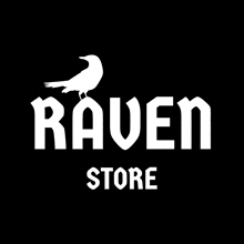 a white logo for raven store with a bird on it