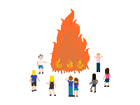 a group of people are standing around a large bonfire