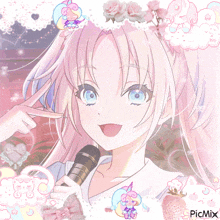 a picture of a girl with a microphone and a crown of flowers on her head