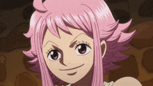 a close up of a girl with pink hair and brown eyes