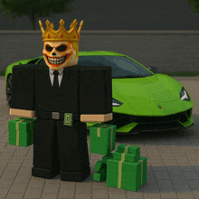 a cartoon character wearing a skull mask and a crown is holding stacks of money in front of a green car