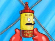 a cartoon character holding a bottle of bobby sauce