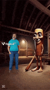 a man in a blue shirt is standing next to a cartoon character with the letters viggle.ai on it