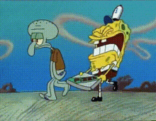 a cartoon of spongebob and squidward holding a box of pizza