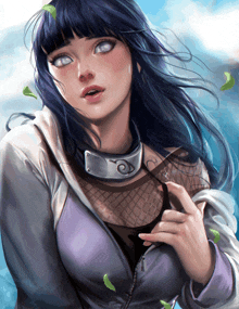 a painting of a girl with blue hair and a silver collar