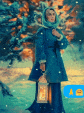 a woman in a blue coat is holding a lantern in a snowy forest
