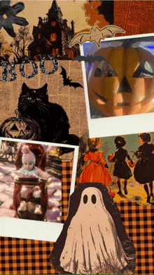 a collage of halloween pictures includes a black cat a pumpkin a bat and a ghost