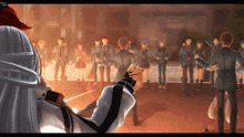 a screenshot of a video game shows a girl holding a man 's hand in front of a crowd of people