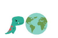 a cartoon of a dinosaur standing next to a globe on a white background
