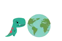 a cartoon of a dinosaur standing next to a globe on a white background