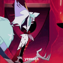 a cartoon character is standing in front of a red curtain and says yeesssss .