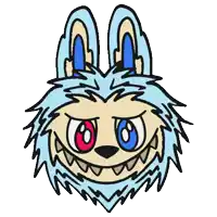 a cartoon drawing of a rabbit with blue and red eyes and teeth