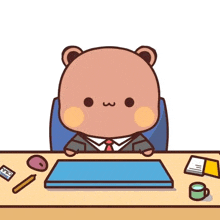 a cartoon bear in a suit and tie is sitting at a table