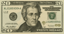 the front of a 20 dollar bill with jackson on it