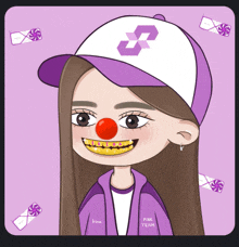 a girl with braces and a red nose is wearing a pink team shirt