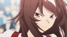 a close up of a girl 's face with red eyes