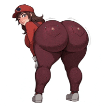 a cartoon of a woman with a big butt wearing a red hat and pants .