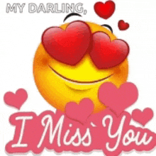 a smiley face with red hearts in his eyes and the words i miss you