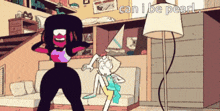 garnet and pearl are dancing in a living room with the words can i be pearl above them