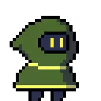 a pixel art drawing of a person wearing a green hood and a yellow belt .