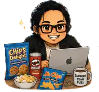 a cartoon of a man sitting at a table with chips and a cup that says " support team fuel "