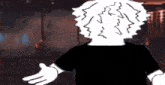 a cartoon character with a black shirt and white hair is standing in a room with his arms outstretched .