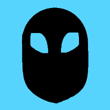 a black silhouette of an alien head with two eyes on a blue background