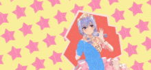 a girl with blue hair and a pink ribbon around her neck
