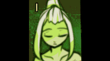 a drawing of a green and white cartoon character with the letter i above her head .