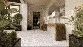 a computer generated image of a hallway with plants and a table
