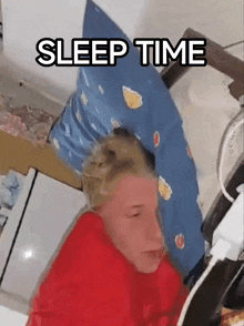 a person laying on a bed with a pillow on their head and the words sleep time above them