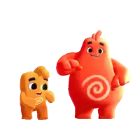 two cartoon characters one of which has a spiral on its chest