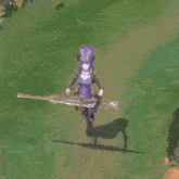 a woman in a purple dress is holding a gun in a video game