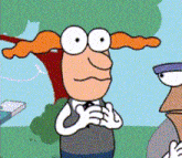 a cartoon character with orange hair is standing next to another cartoon character .