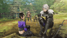 a girl in a purple top sits next to a man in armor with a sword