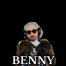 a man wearing a scarf and headphones with the name benny on the bottom