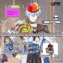a cartoon character with a lollipop on his head and the words i am mere seconds away from violence