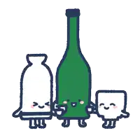 a cartoon drawing of a green bottle and two squares