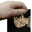 a close up of a person 's hand touching a drawing of a man 's face .