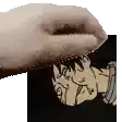 a close up of a person 's hand touching a drawing of a man 's face .