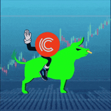 a cartoon of a person riding a green bull with a coin on its back with the letter c on it