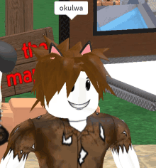 a cartoon character has a speech bubble that says okulwa on it