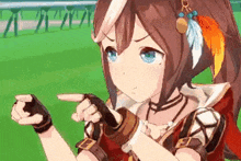 a girl with a feather in her hair is holding a sword and pointing at the camera .