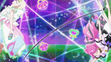 a couple of anime girls are dancing on a stage with a purple background .